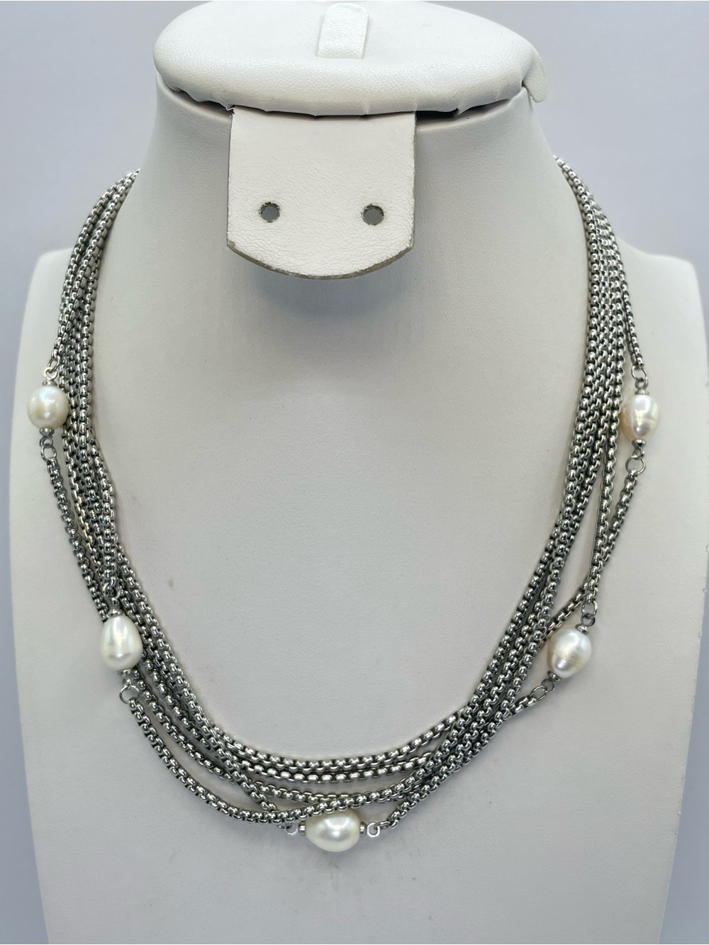 Genuine Freshwater Pearl Silver Tone Layered Chain Necklace Elegant